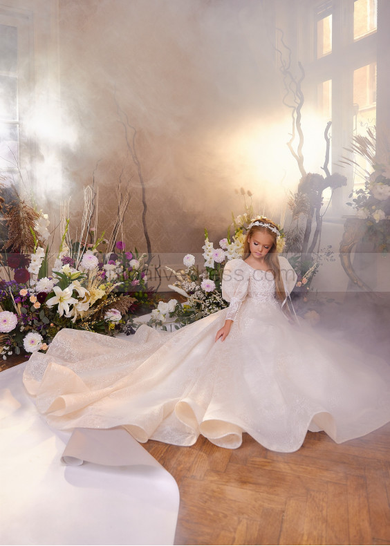 Puff Sleeves Ivory Lace Tulle Corset Back Flower Girl Dress Puff Sleeves Ivory Lace Tulle Corset Back Flower Girl Dress